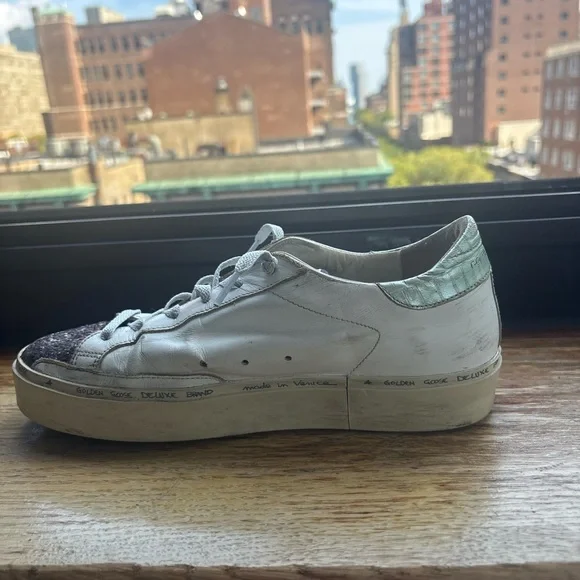 Golden Goose Hi Star White Leather Sneakers with Purple Glitter and Black Star - Picture 5 of 15